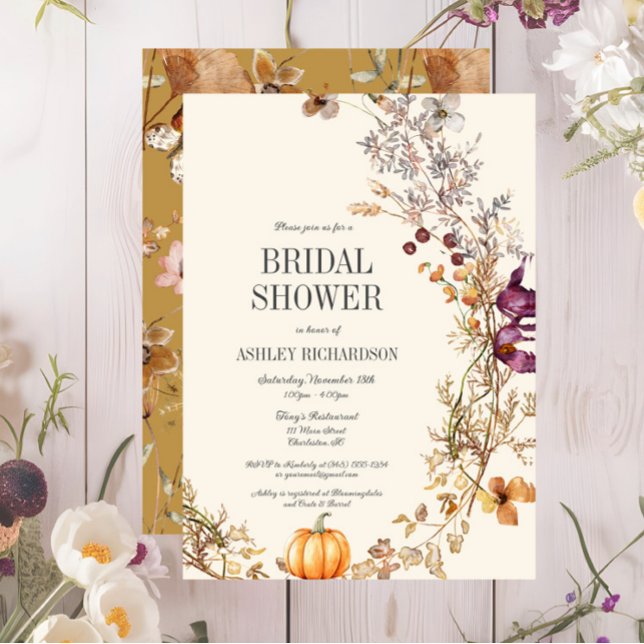 Fall Floral Boho Bridal Shower Invitation (Fall Floral Pumpkin Bridal Shower Invitation, Ivory, Wildflowers, Purple, Yellow)