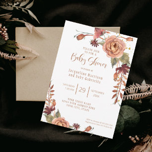 Fall Floral BOHO Modern Burgundy Terracotta Leaves Invitation