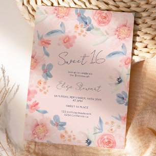 Fall floral boho pink blue watercolor Sweet 16 Invitation