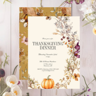 Fall Floral Boho Pumpkin Thanksgiving Dinner Invitation