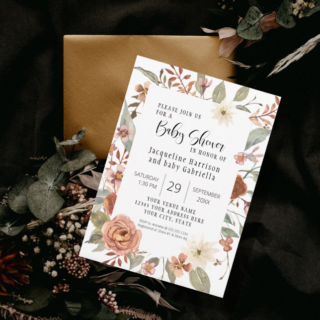Fall Floral BOHO Terracotta Girl Baby Shower Invitation (Creator Uploaded)