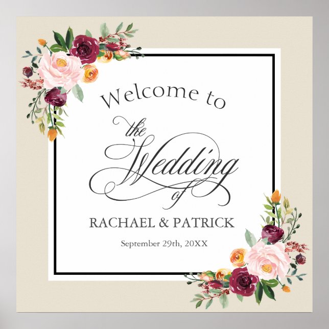 Fall Floral Border Wedding Welcome Signage Poster (Front)