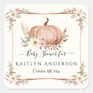 Fall Floral Botanical Pumpkin Baby Girl Shower Square Sticker