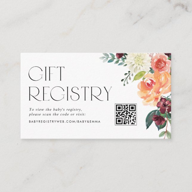 Fall Floral Bouquet Baby Shower QR Code Registry Enclosure Card (Front)