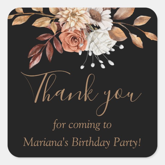 Fall Floral Bouquet Birthday Black Favour Square Sticker (Front)