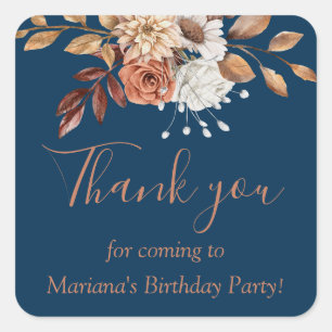 Fall Floral Bouquet Birthday Navy Blue Favour Square Sticker
