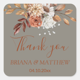 Fall Floral Bouquet Grey Favour Square Sticker
