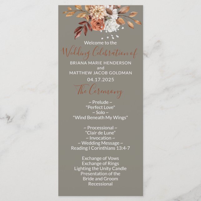 Fall Floral Bouquet Grey Wedding Program (Front)