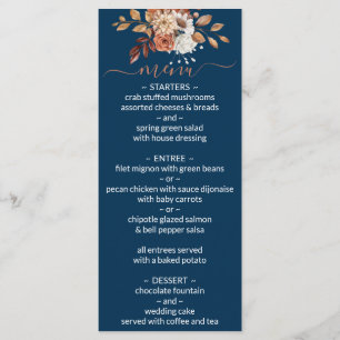 Fall Floral Bouquet Navy Blue Wedding Menu