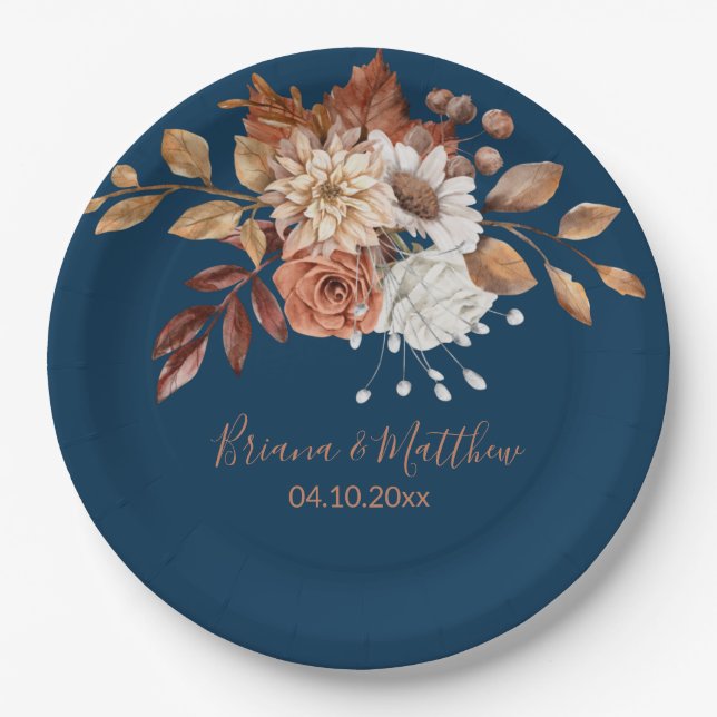 Fall Floral Bouquet Navy Blue Wedding Paper Plates (Front)