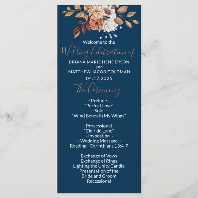 Fall Floral Bouquet Navy Blue Wedding Program (Front)
