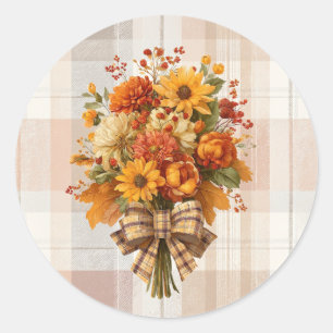 Fall Floral Bouquet on Plaid Background Rustic Classic Round Sticker