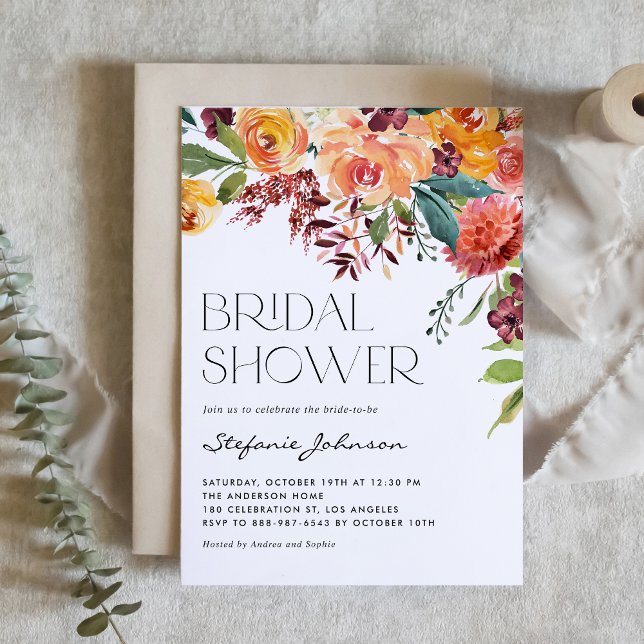 Fall Floral Bouquet QR Code Bridal Shower Invitation (Watercolor Fall Floral Bouquet QR Code Bridal Shower Invitation)