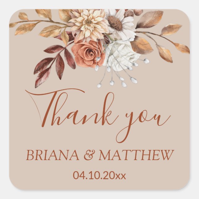 Fall Floral Bouquet Taupe Favour Square Sticker (Front)