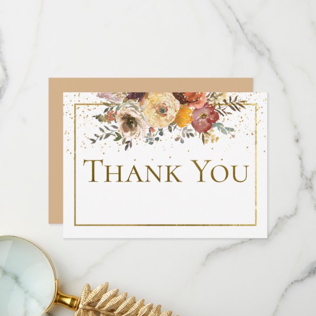 Fall Floral Bouquet with Gold Wedding Thank You Card (Front/Back In Situ)