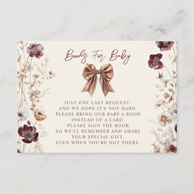 Fall Floral Bow Girl Baby Shower Book Request Enclosure Card (Front)