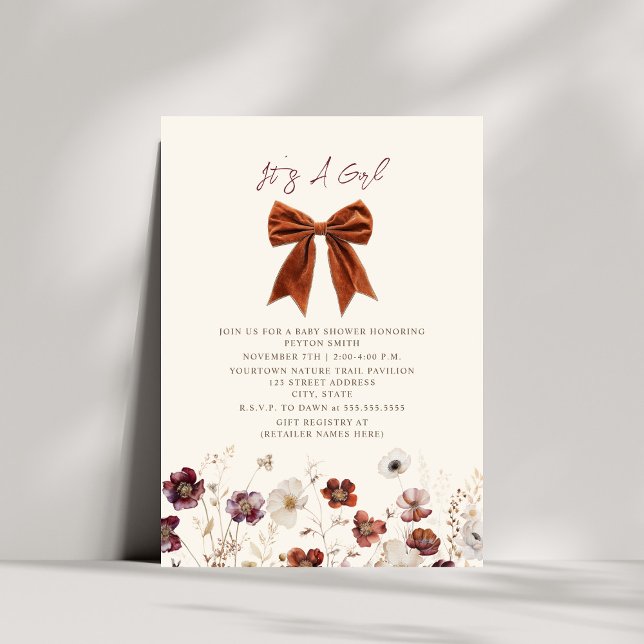 Fall Floral Bow Girl Baby Shower Invitation (Creator Uploaded)