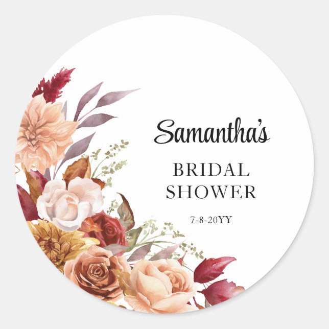 Fall Floral  Bridal Shower  Classic Round Sticker (Front)