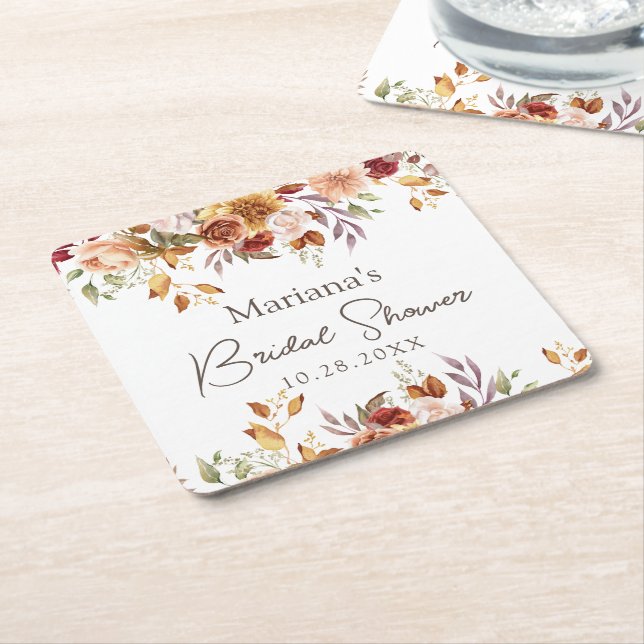 Fall Floral Bridal Shower Square Paper Coaster (Angled)