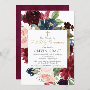 Fall floral burgundy blush gold first communion invitation