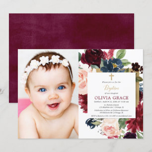 Fall floral burgundy blush gold girl baptism photo invitation