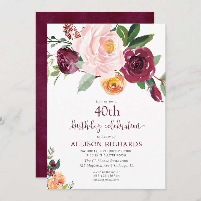 Fall floral burgundy blush pink birthday party invitation (Front/Back)
