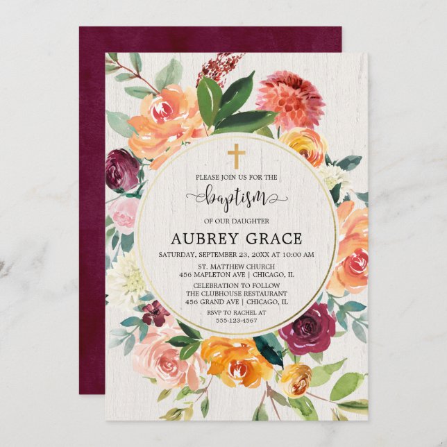Fall floral burgundy rustic watercolor baptism invitation (Front/Back)