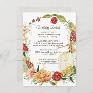 Fall Floral Burgundy White Pumpkin Wedding Details Invitation