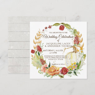 Fall Floral Burgundy White Pumpkin Wreath Wedding Invitation