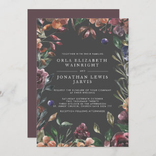 Fall Floral Burst Frame Moody Warm Tones Wedding Invitation