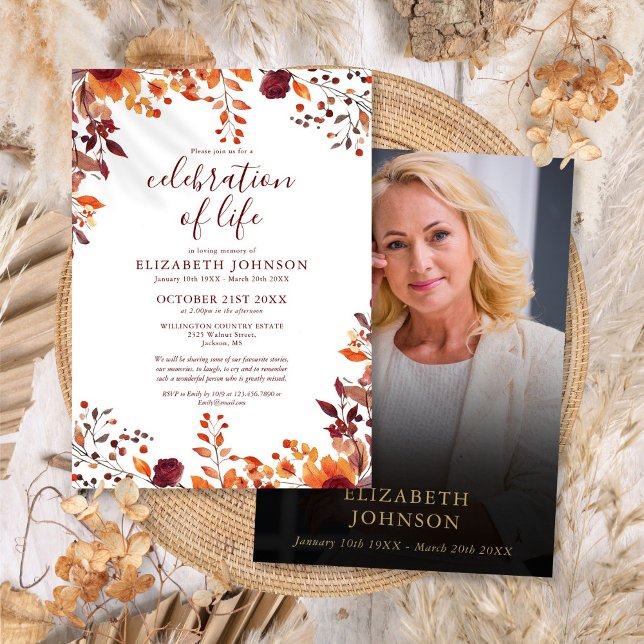 Fall Floral Celebration Of Life Photo Funeral Invitation (Fall Floral Celebration Of Life Photo Funeral Invitation)