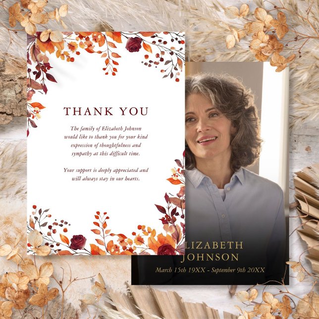 Fall Floral Celebration Of Life Photo Funeral Thank You Card (Fall Floral Celebration Of Life Photo Funeral Thank You Card)