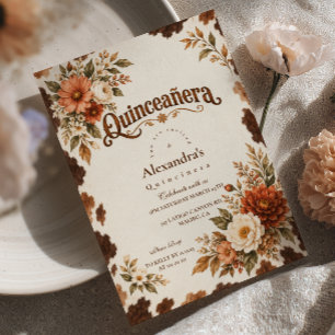 Fall Floral Cowhide Western Quinceañera Invitation