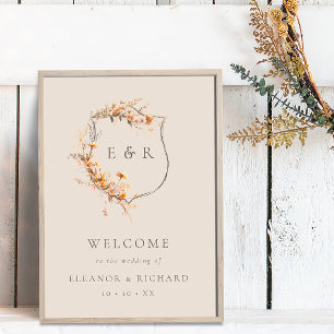  Fall Floral Crest Monogram Wedding Welcome Poster