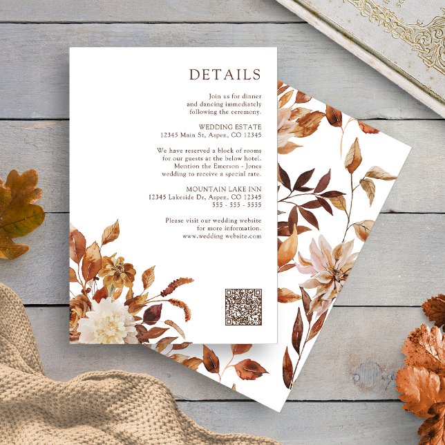 Fall Floral Details Enclosure Card (White Fall Terracotta Floral Details Enclosure Card QR Code by Painted Paperie
)