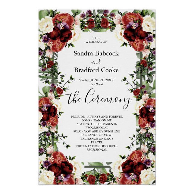Fall Floral Eucalyptus Wedding Ceremony Program   Poster (Front)