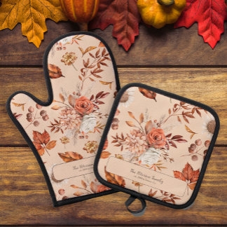 Fall floral family name personalised kitchen  oven mitt & pot holder set