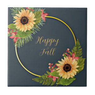 Fall floral frame with customisable text ceramic tile