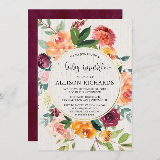 Fall floral gender neutral burgundy baby sprinkle invitation (Front/Back)
