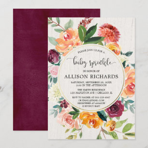 Fall floral gender neutral burgundy baby sprinkle invitation