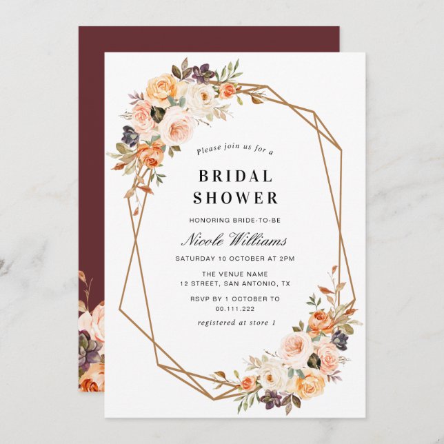 fall floral geometric bridal shower invitation (Front/Back)