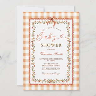 Fall Floral Gingham Bow Baby Shower Invitation