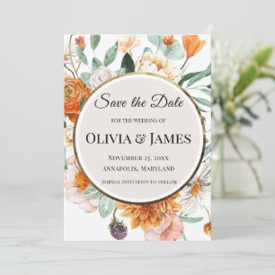 Fall Floral Gold Circle Wedding Save the Date Invitation