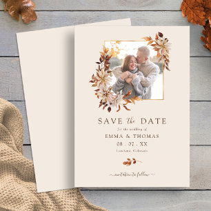 Fall Floral Gold Frame Wedding Photo Save the Date
