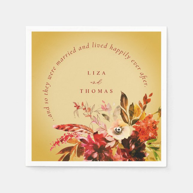 Fall Floral Gold Washed Happily Ever After Wedding Napkin (Front)