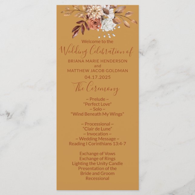 Fall Floral Gold Wedding Program (Front)