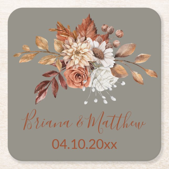 Fall Floral Grey Square Paper Coaster (Front)