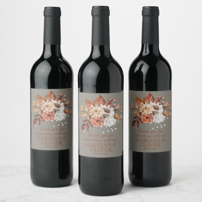 Fall Floral Grey Wedding Favours Wine Label (Bottles)