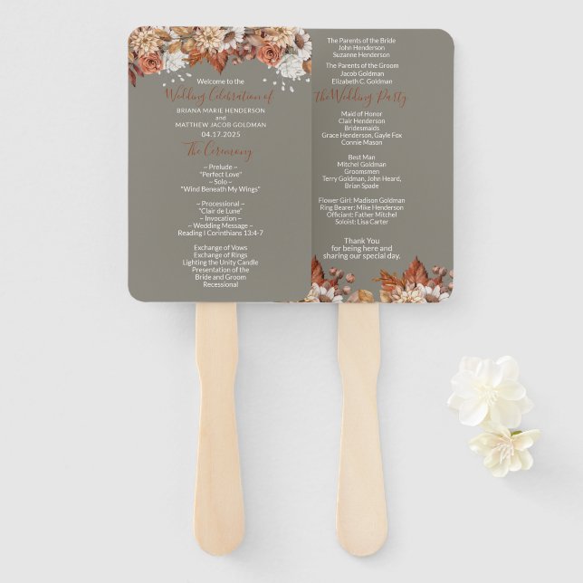 Fall Floral Grey Wedding Hand Fan (Front and Back)