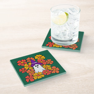 Fall Floral Halloween Ghost Glass Coaster